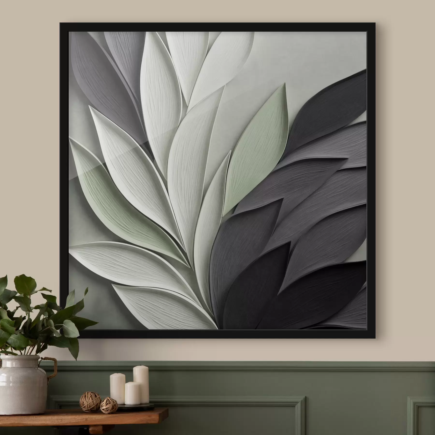 carta da parati Foglie stilizzate in tonalità di grigio, bianco e verde tenue nr. f48411