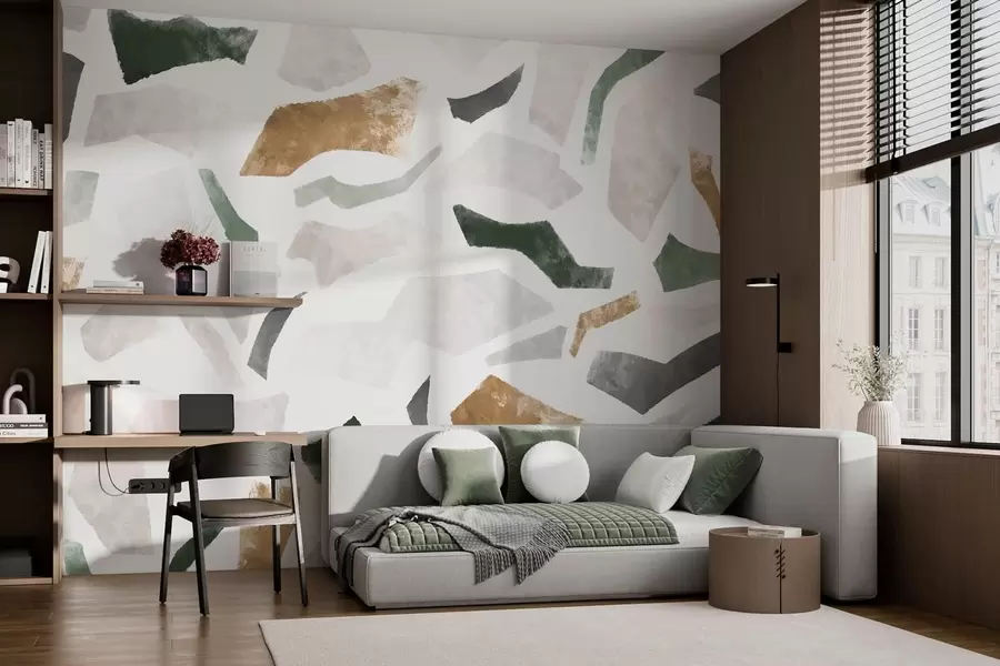 carta da parati Frammenti astratti con texture nei toni del verde e del beige nr. w05146