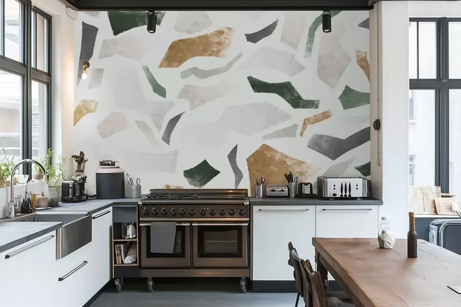 carta da parati Frammenti astratti con texture nei toni del verde e del beige nr. w05146