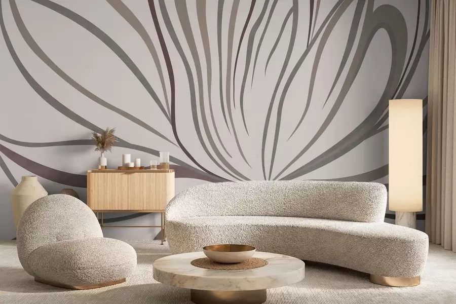 carta da parati Fiore astratto con linee nei toni del grigio e del rosa nr. w05392