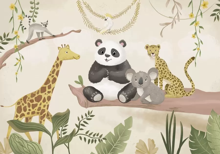 Carta da parati per Bambini Simpatici animaletti della giungla su un ramo tra le piante 