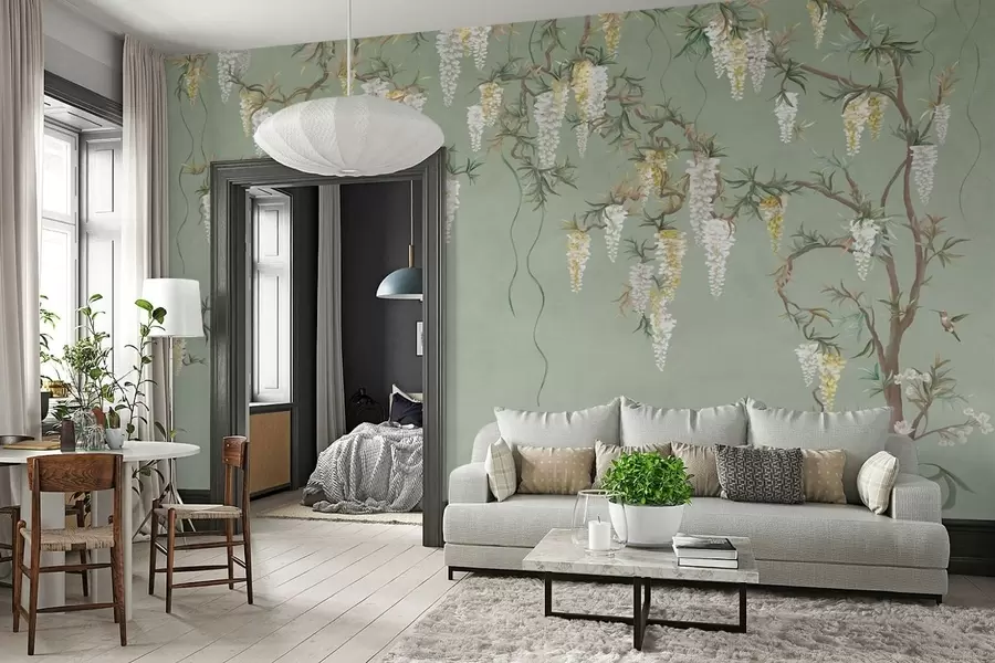 carta da parati Rami fioriti con fiori bianchi e uccellini su sfondo verde nr. w05394