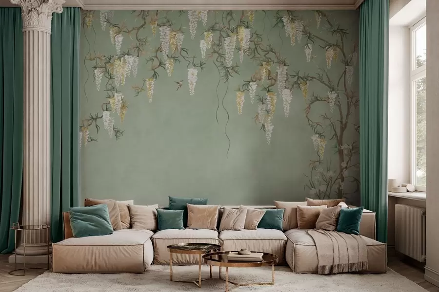 carta da parati Rami fioriti con fiori bianchi e uccellini su sfondo verde nr. w05394