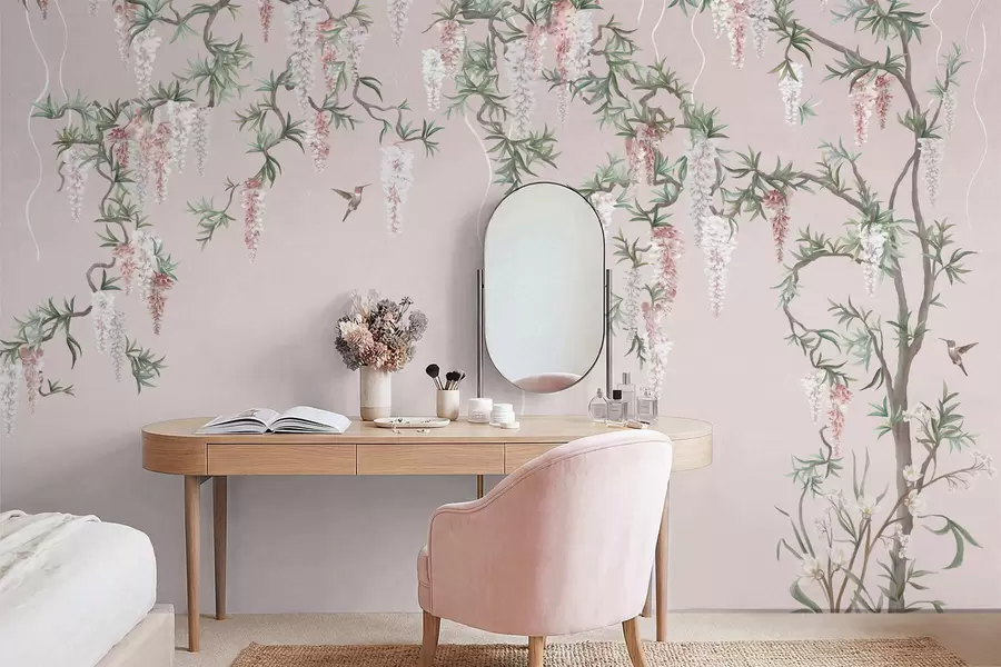 carta da parati Rami in fiore con boccioli rosa e uccellini nr. w05394v1