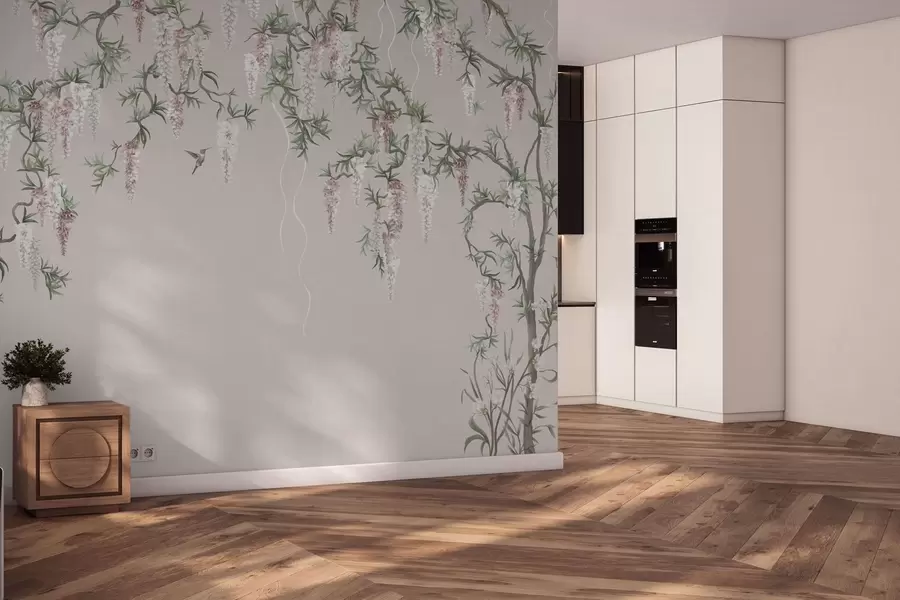 carta da parati Rami in fiore con boccioli rosa e uccellini nr. w05394v1