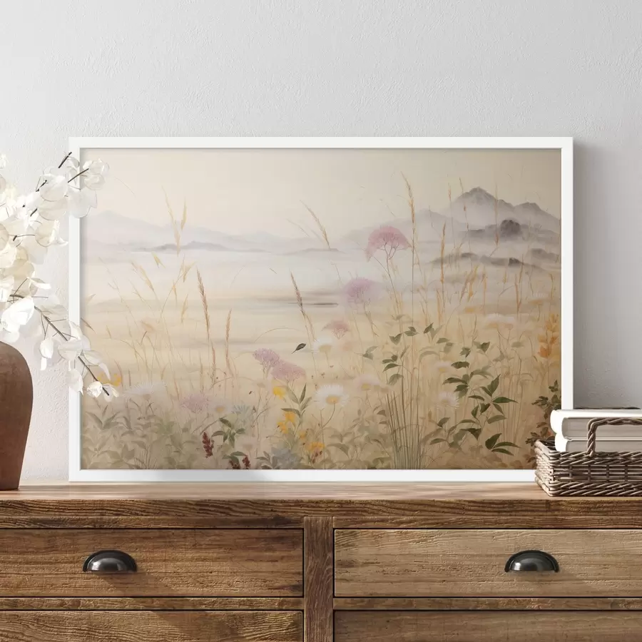 carta da parati Campo di fiori beige, erbe di prato, paesaggio delicato nr. f48480