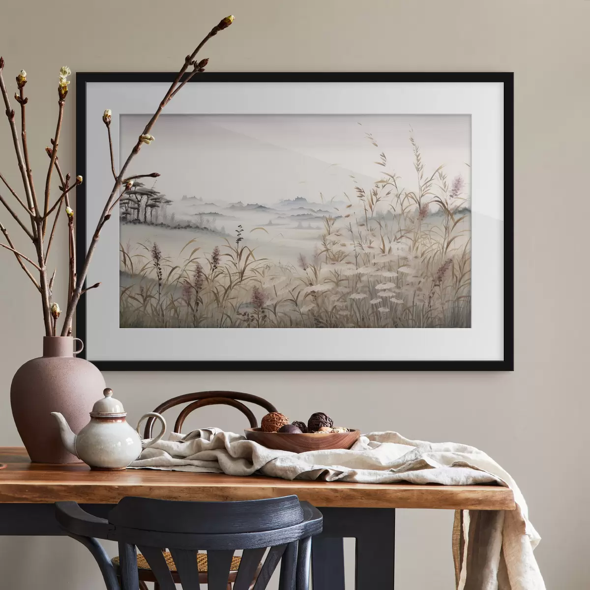 Poster Paesaggio nebbioso con erba f48481