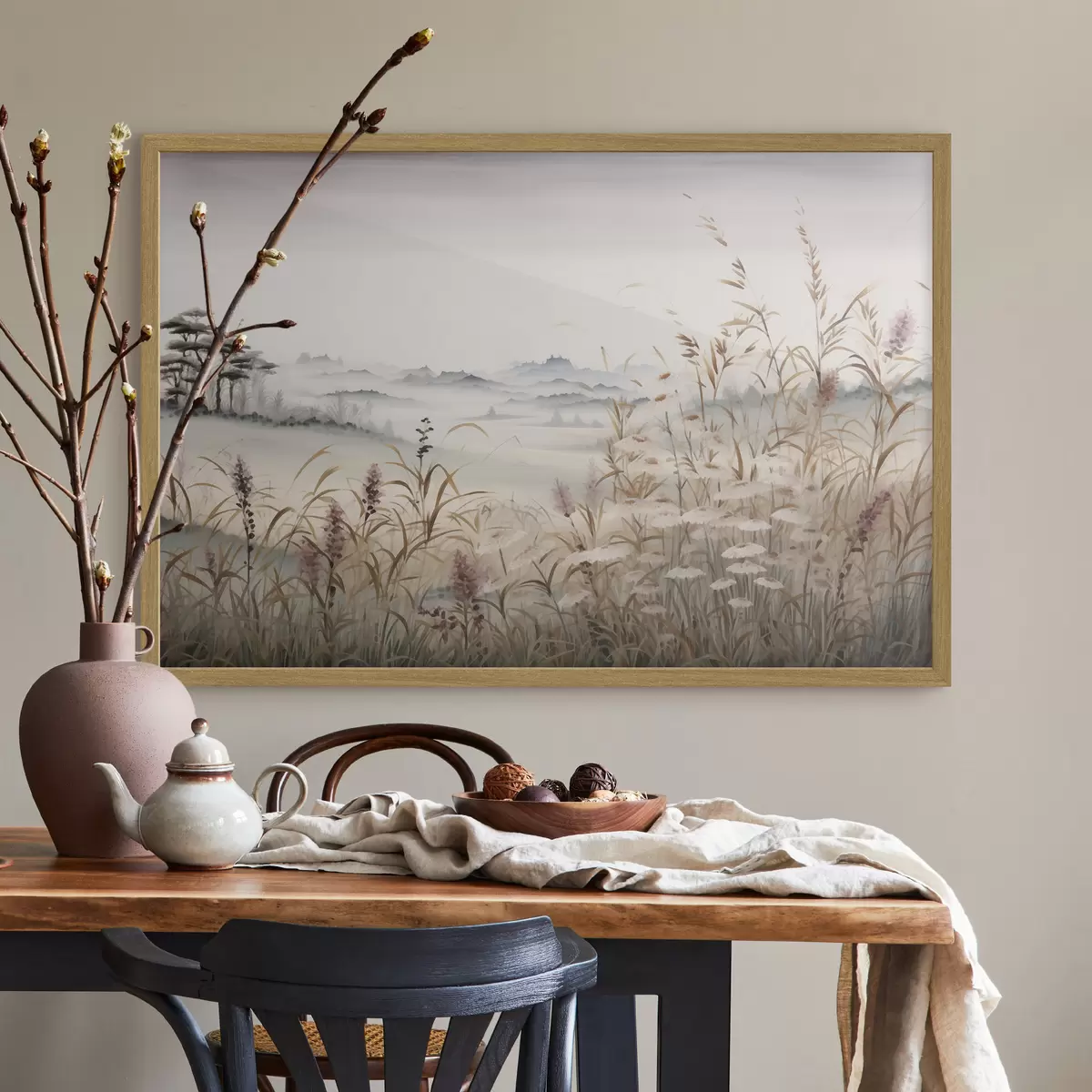 Poster Paesaggio nebbioso con erba f48481