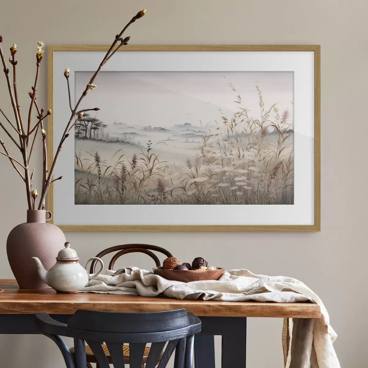 Poster Paesaggio nebbioso con erba f48481