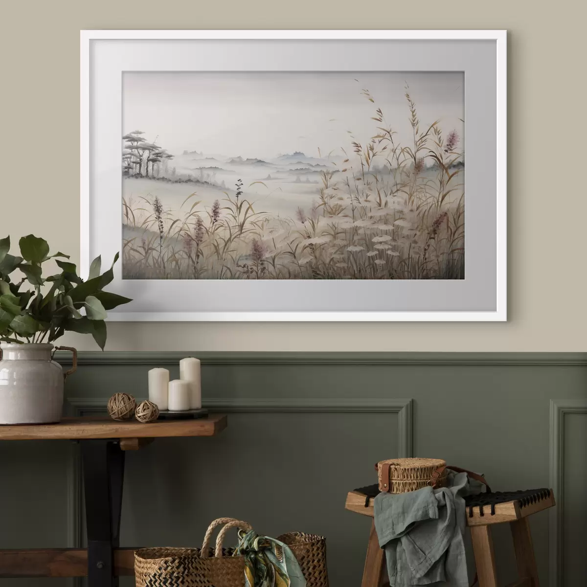 Poster Paesaggio nebbioso con erba f48481