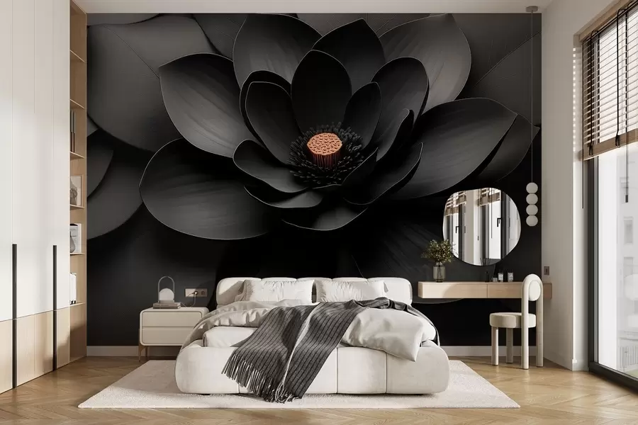 Carta da parati 3D Fiori Fiore nero in stile minimalista con petali e un cuore dai toni caldi a contrasto n. w09721