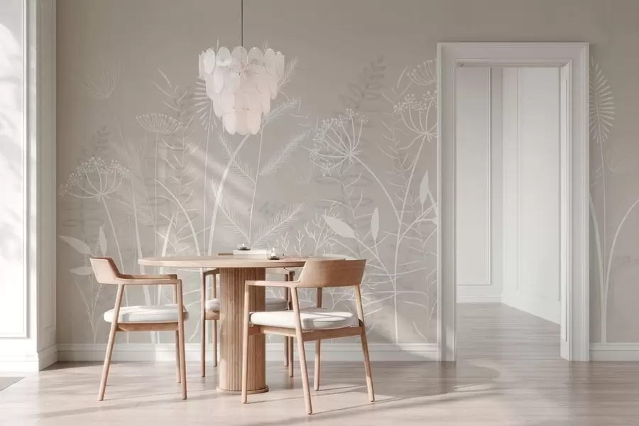 carta da parati delicati fiori e erbe selvatiche dipinti a mano su uno sfondo beige nr. w05383v1