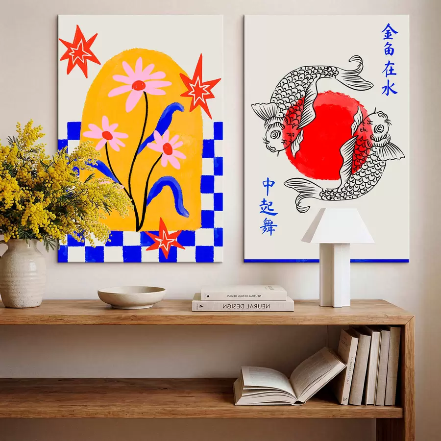 carta da parati Dittico con gatto e due pesci nei toni del rosso e del bianco nr. m30235