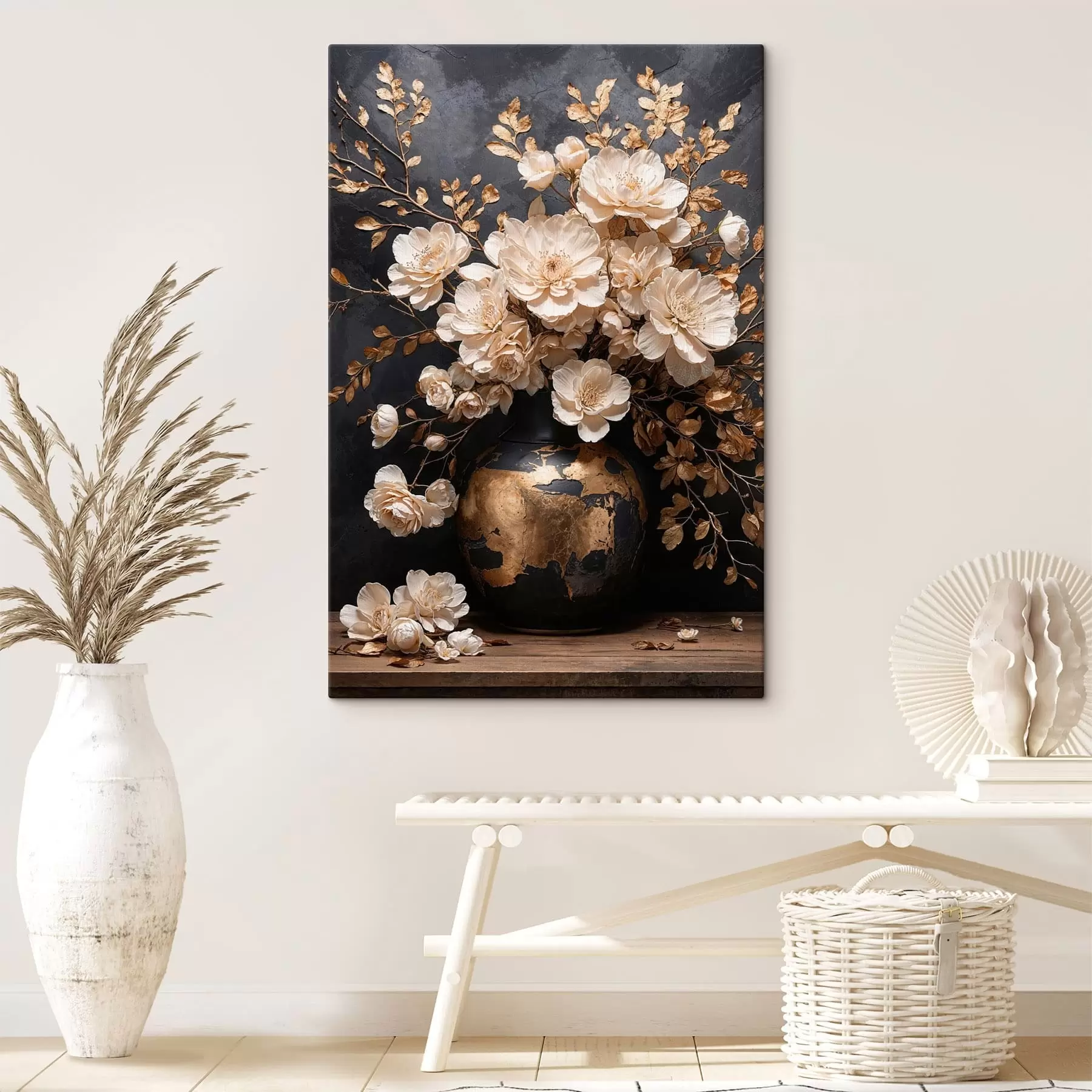 carta da parati Fiori chiari in un vaso con foglie decorative nr. s48356