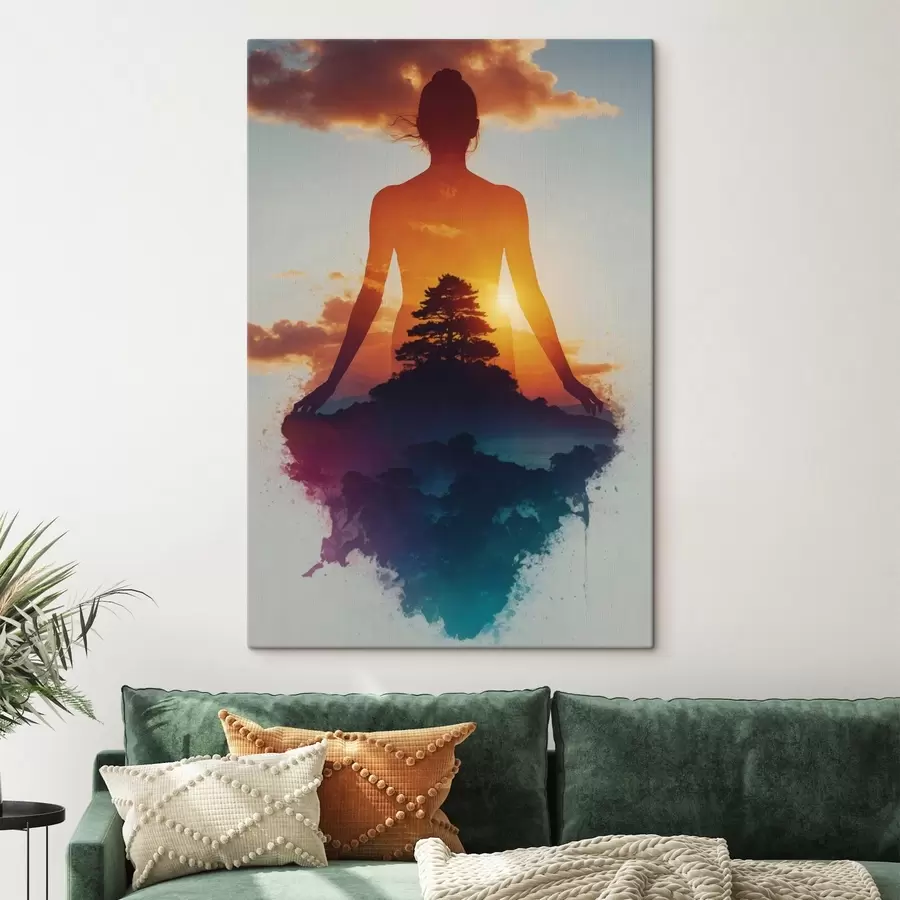 carta da parati Silhouette umana con un paesaggio al tramonto sullo sfondo nr. s48364