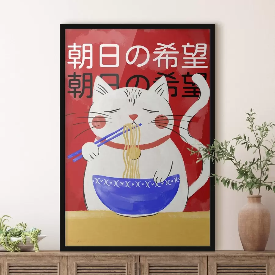 carta da parati Illustrazione di un gatto che mangia spaghetti su sfondo rosso nr. f48031