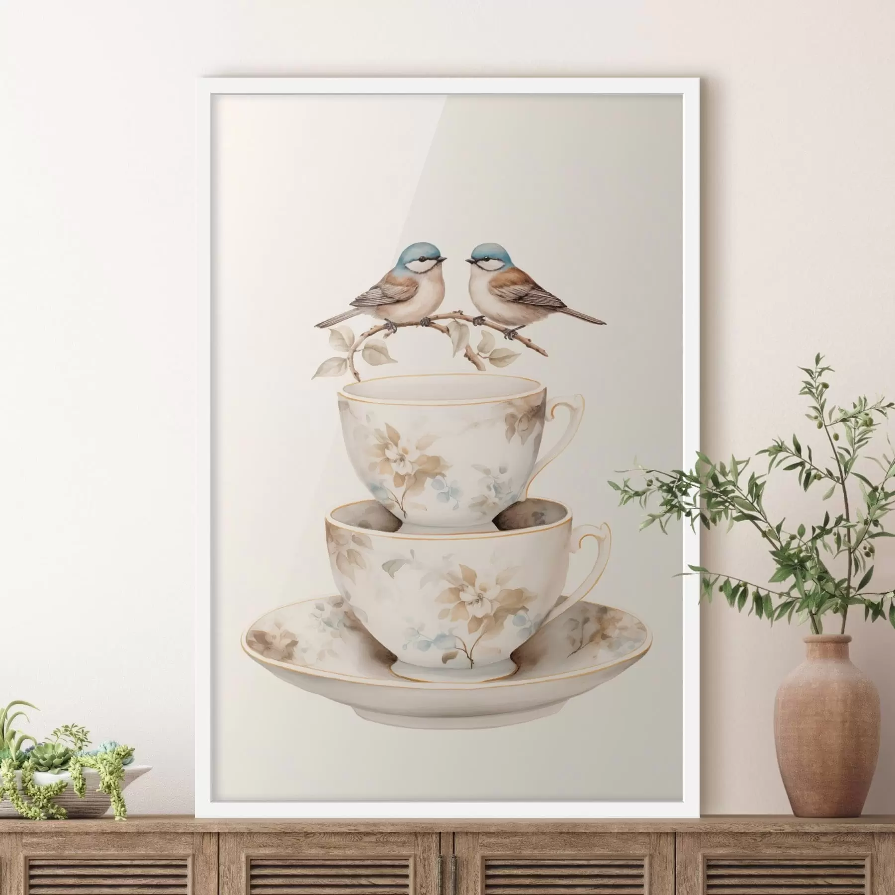 carta da parati Due uccellini su un ramo sopra delle tazze da tè nr. f48347