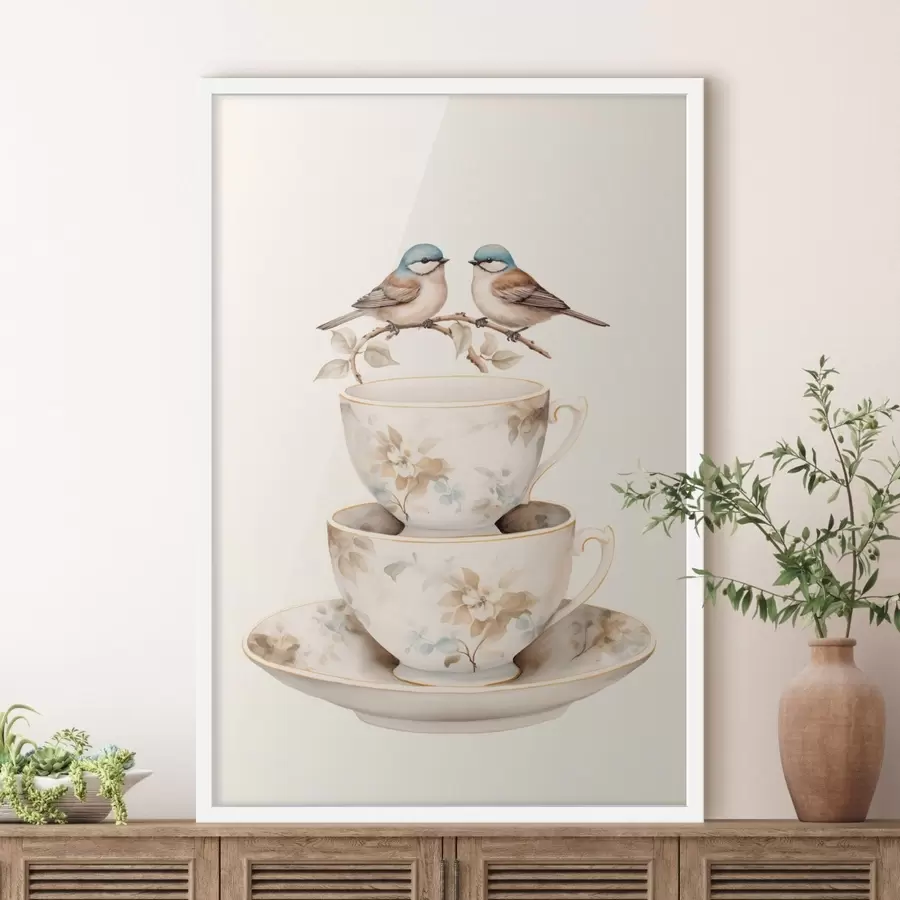 carta da parati Due uccellini su un ramo sopra delle tazze da tè nr. f48347