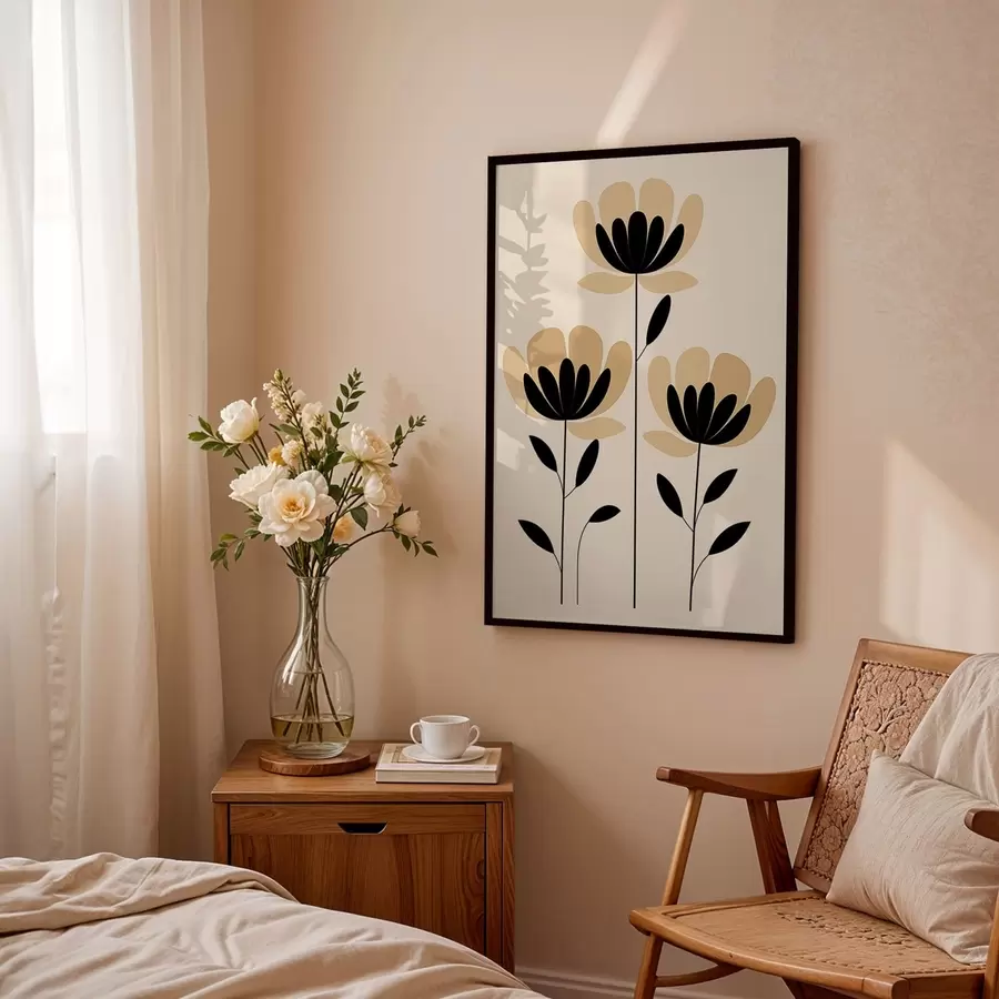 carta da parati Fiori in stile minimalista nei toni del nero e del beige nr. f48353