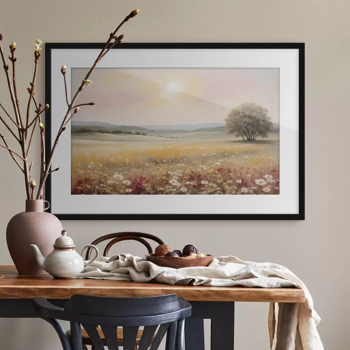 Poster Paesaggio con un campo di fiori e un albero all'orizzonte f48355