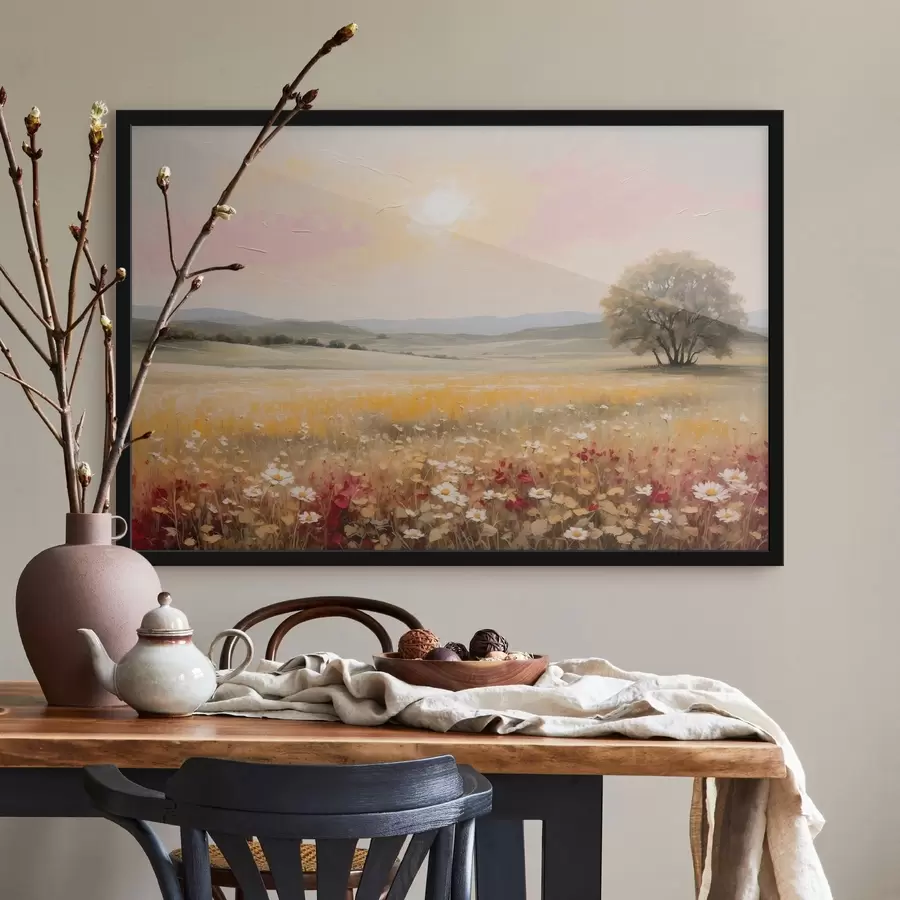 carta da parati Paesaggio con un campo di fiori e un albero all'orizzonte nr. f48355