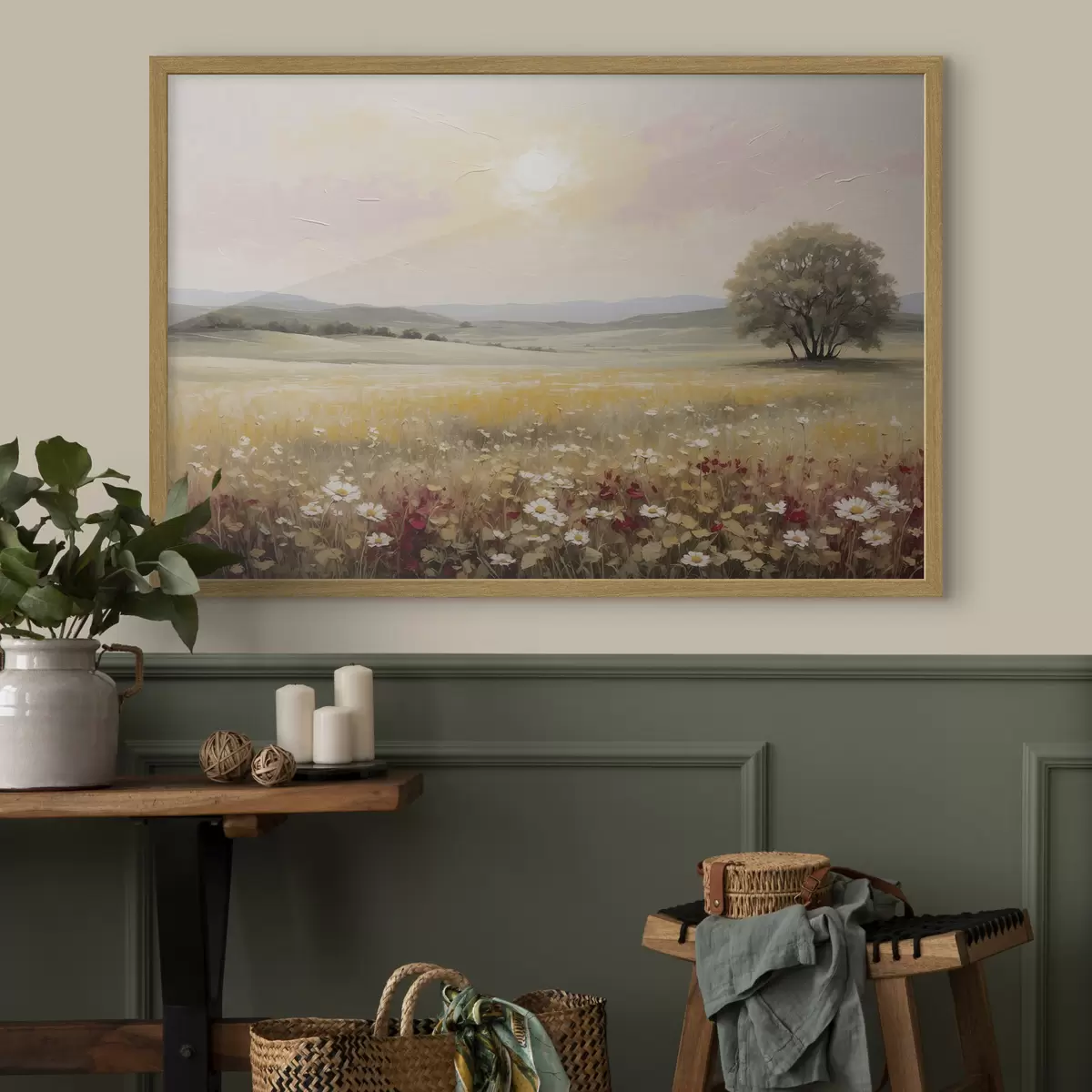Poster Paesaggio con un campo di fiori e un albero all'orizzonte f48355