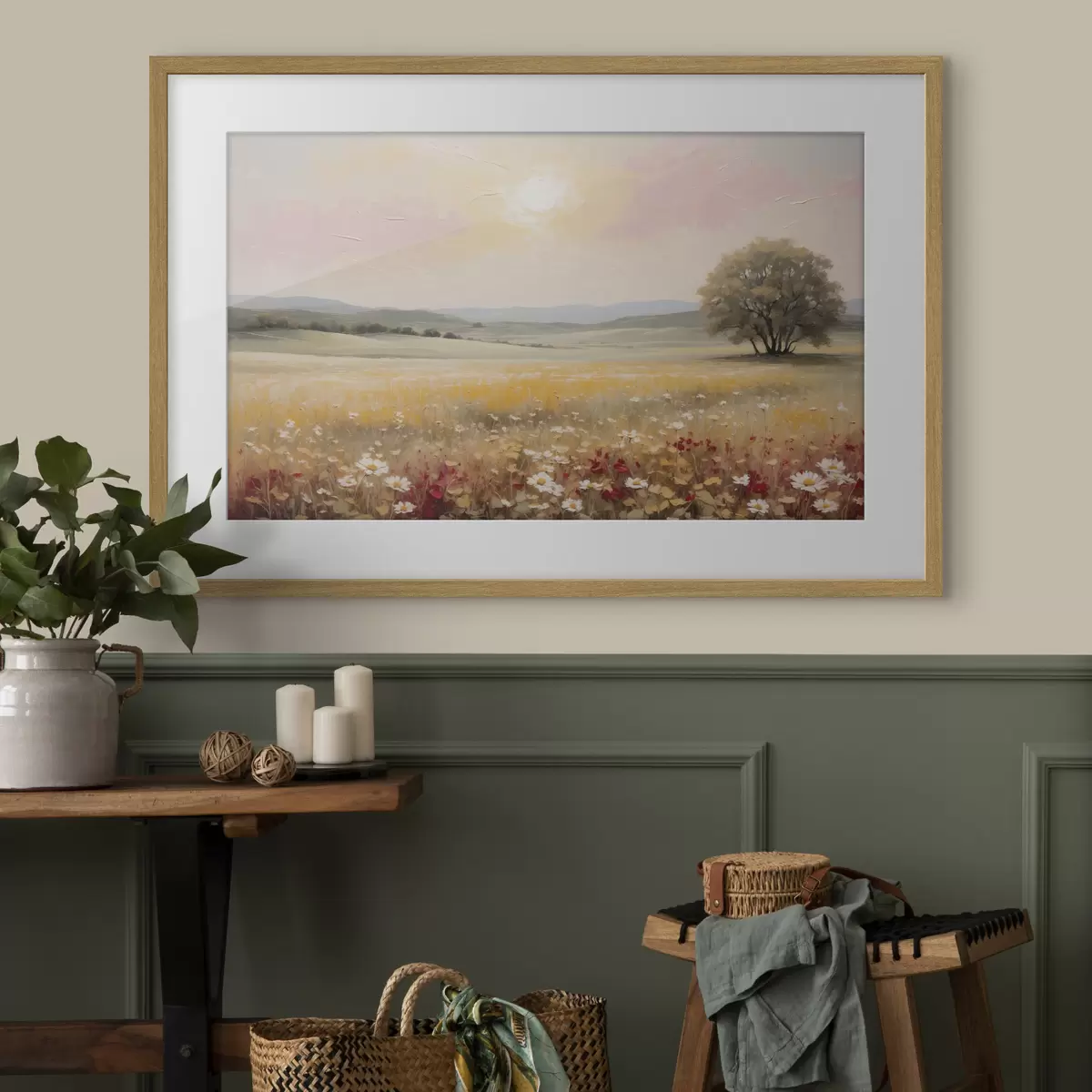 Poster Paesaggio con un campo di fiori e un albero all'orizzonte f48355