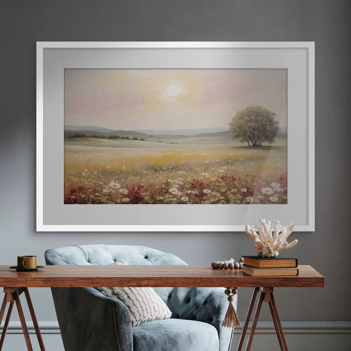 Poster Paesaggio con un campo di fiori e un albero all'orizzonte f48355
