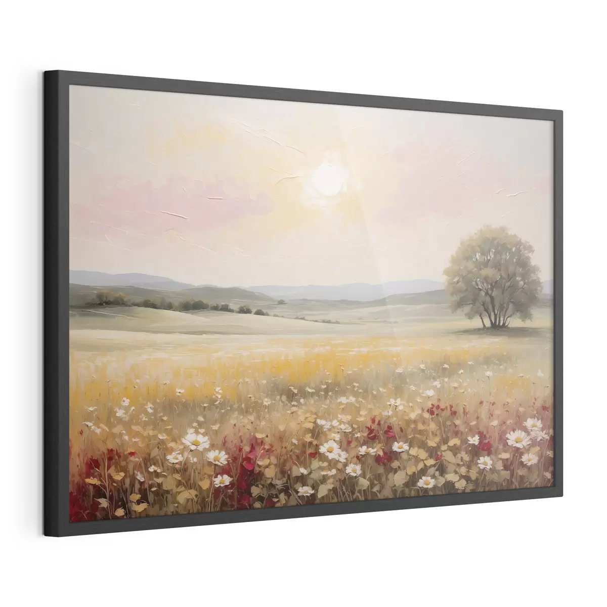 Poster Paesaggio con un campo di fiori e un albero all'orizzonte f48355