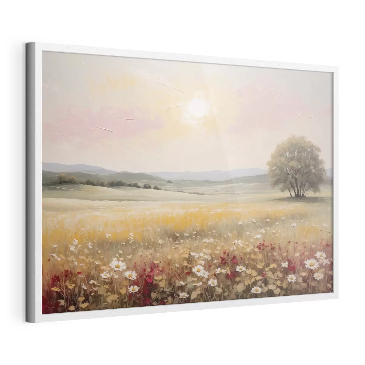 Poster Paesaggio con un campo di fiori e un albero all'orizzonte f48355