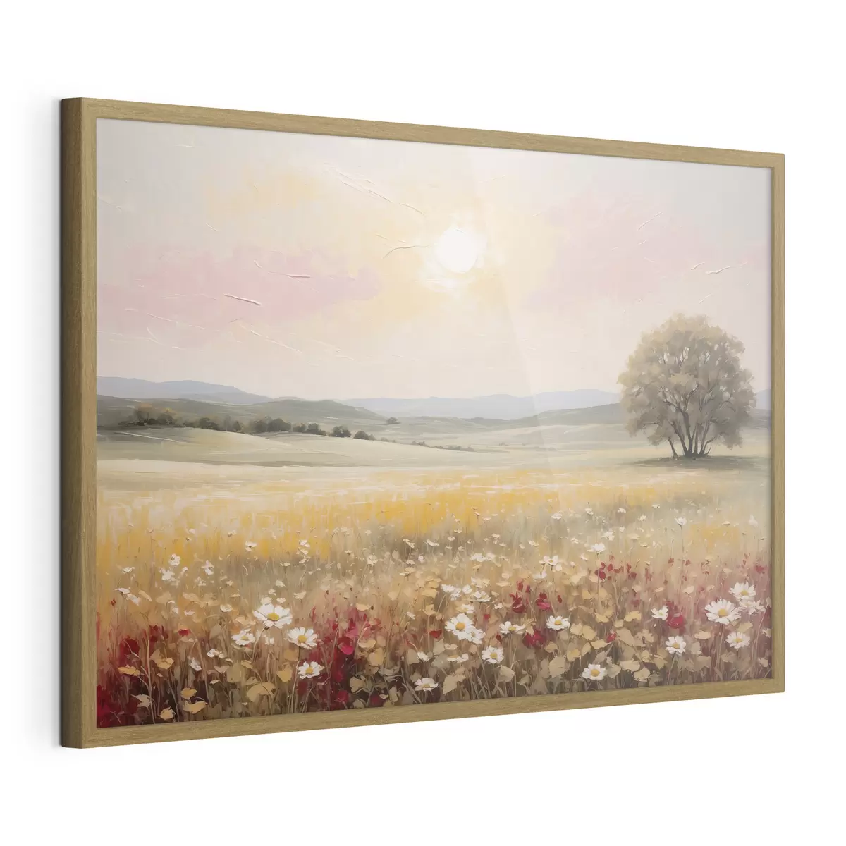 Poster Paesaggio con un campo di fiori e un albero all'orizzonte f48355