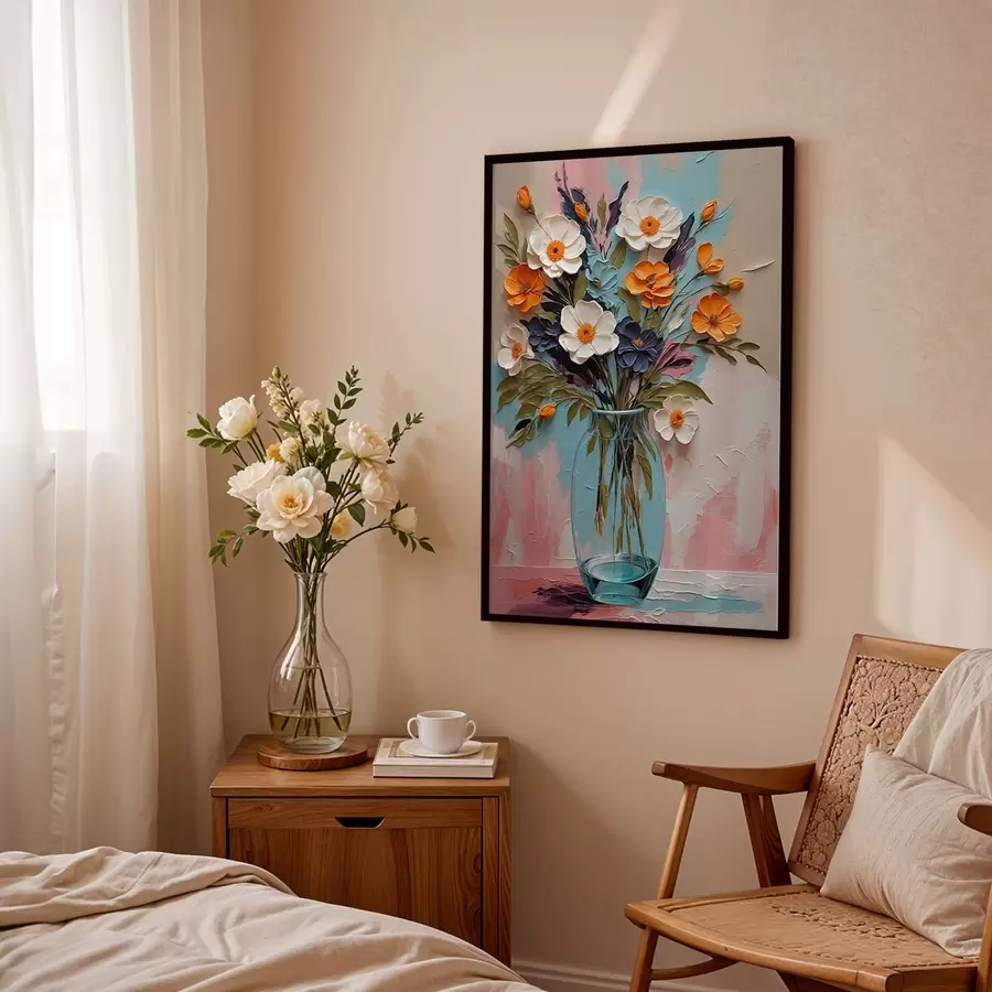 carta da parati Mazzo di fiori in un vaso di vetro su uno sfondo colorato nr. f48488