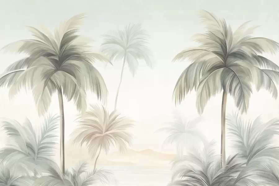 Carta da parati nature Alberi dalle foglie palmate, con fronde dai toni tenui di verde e beige, sullo sfondo di un cielo chiaro 