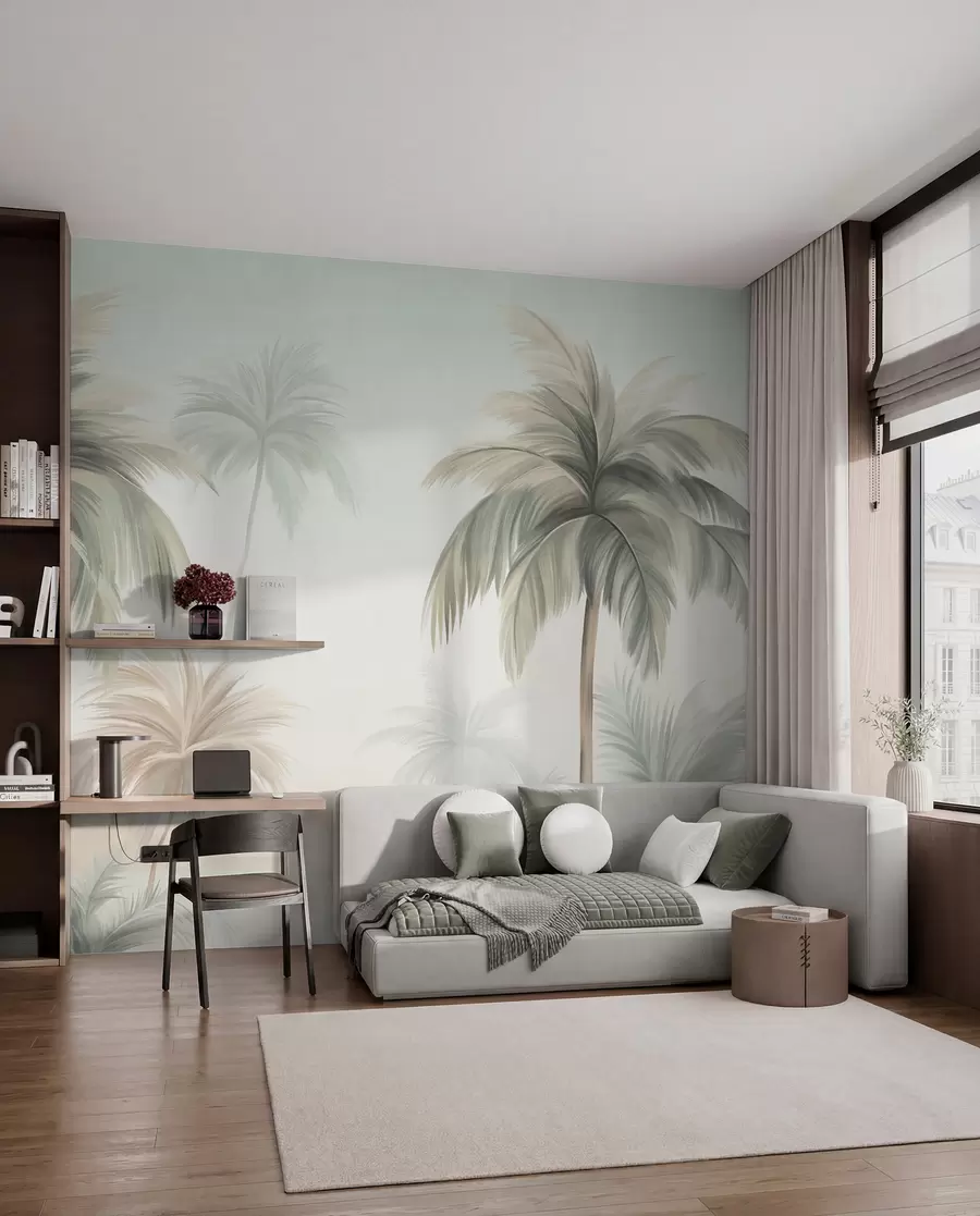 Carta da parati nature Alberi dalle foglie palmate, con fronde dai toni tenui di verde e beige, sullo sfondo di un cielo chiaro 