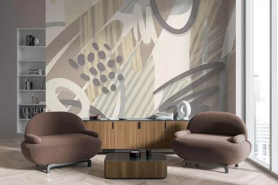 carta da parati Stampa astratta con texture caratterizzata da forme organiche, scarabocchi e puntini in tenui tonalità pastello nr. w09774