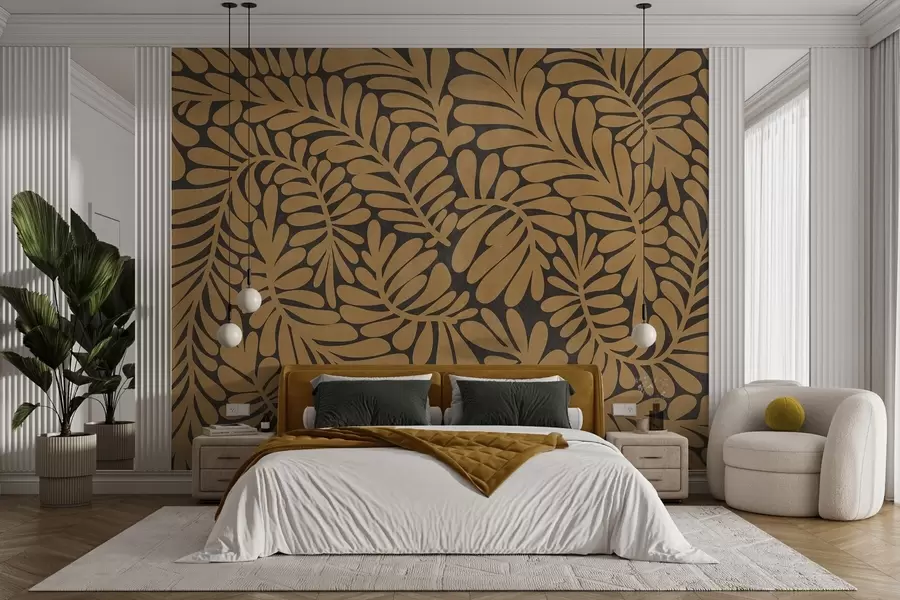 carta da parati Foglie giallo senape stilizzate su uno sfondo grigio scuro, opera d'arte con texture nr. w09775