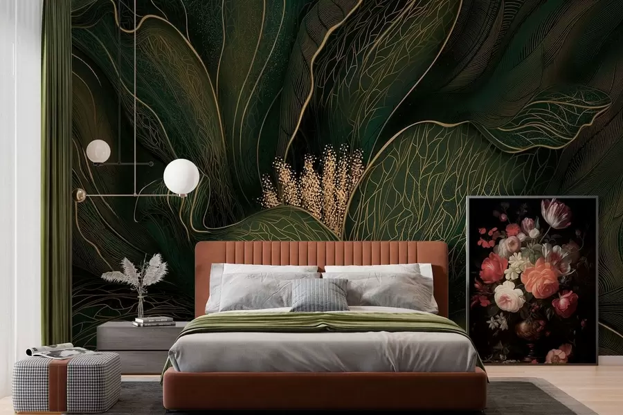 Carta da parati Floreale Fiore astratto verde scuro con dettagli dalle linee sottili n. w05119v1