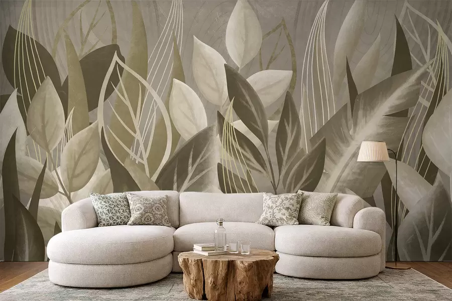 carta da parati Foglie astratte nei toni del beige e del verde nr. w05148