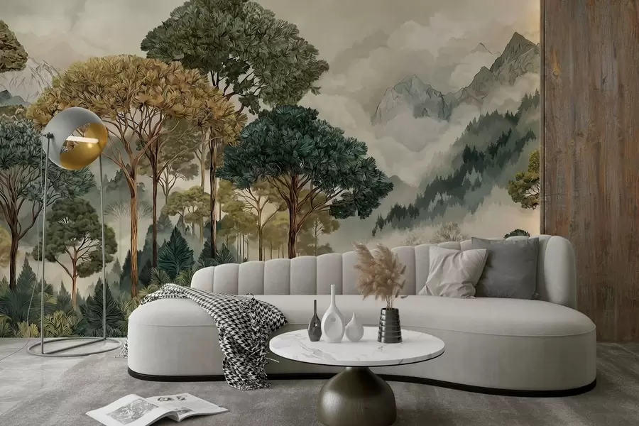 Carta da parati nature Foresta con alberi ad alto fusto tra montagne avvolte dalla nebbia 