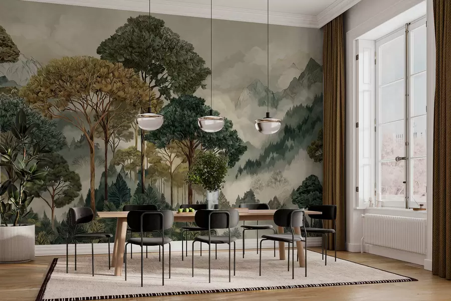Carta da parati nature Foresta con alberi ad alto fusto tra montagne avvolte dalla nebbia 
