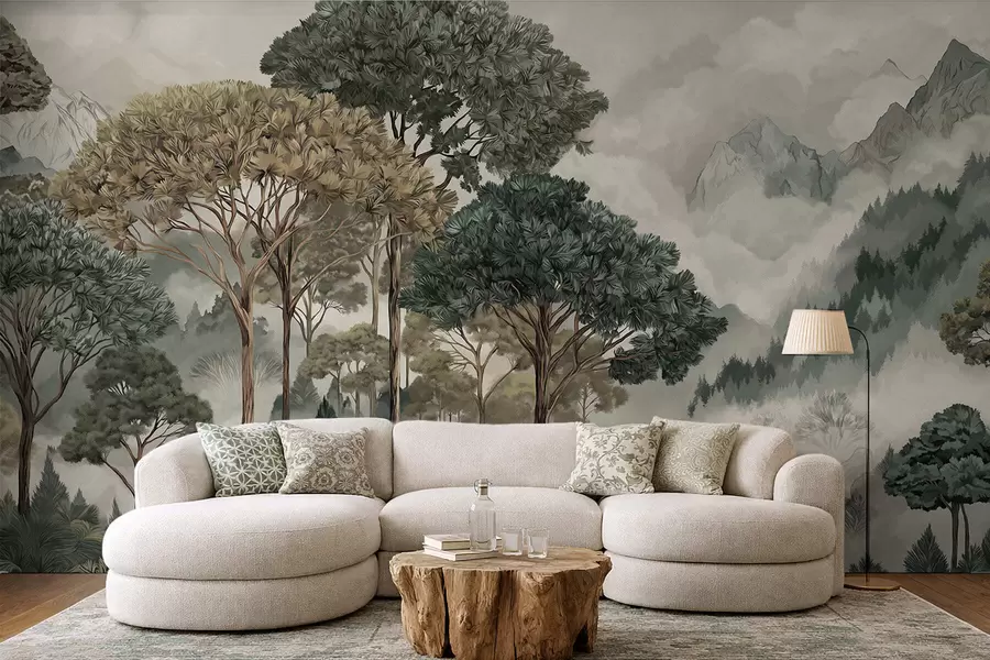 Carta da parati nature Paesaggio montano con bosco dai toni tenui 