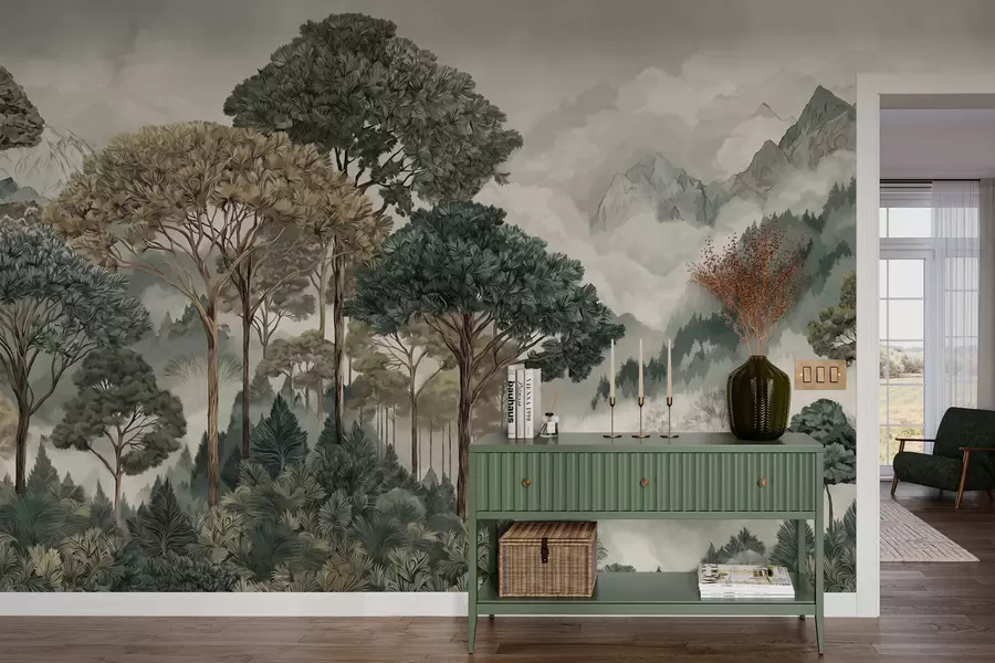 Carta da parati nature Paesaggio montano con bosco dai toni tenui 