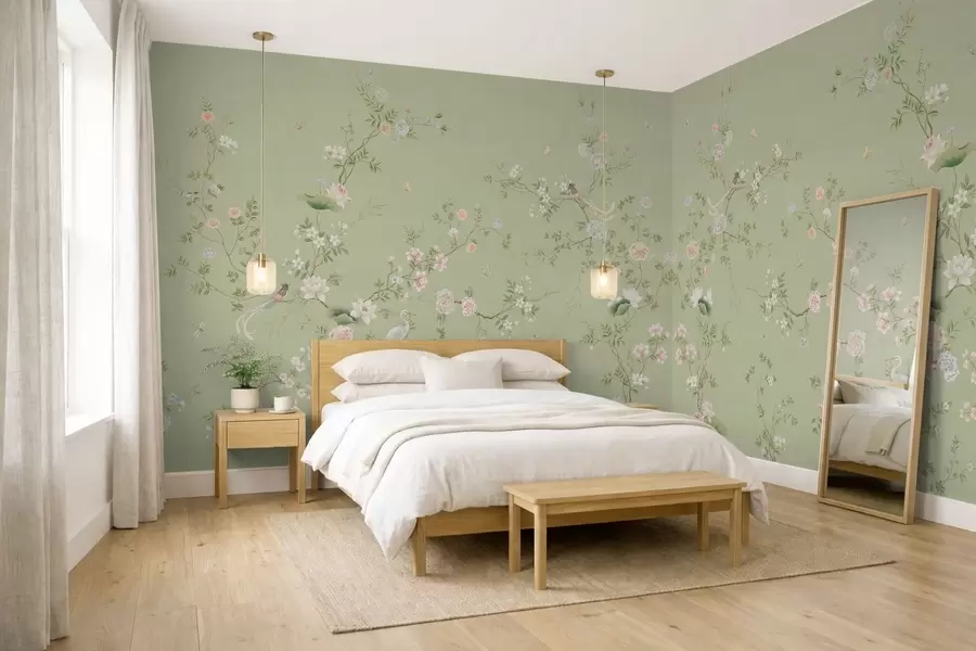 carta da parati Rami in fiore con uccellini su sfondo verde chiaro nr. w05416