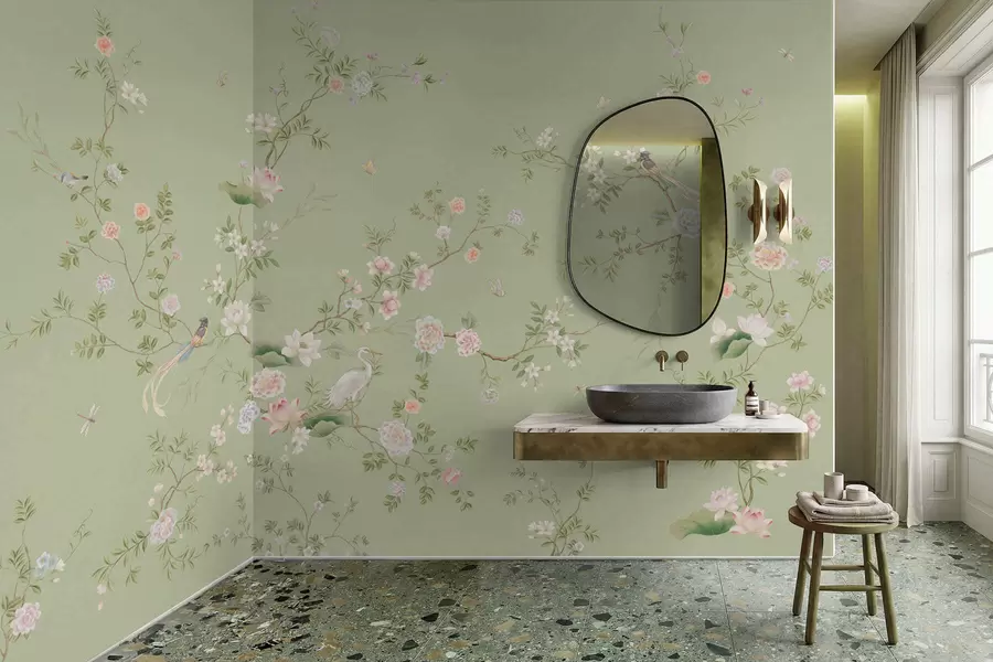 carta da parati Rami in fiore con uccellini su sfondo verde chiaro nr. w05416