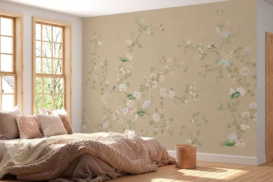 carta da parati Rami in fiore con uccellini su sfondo beige caldo nr. w05416v2