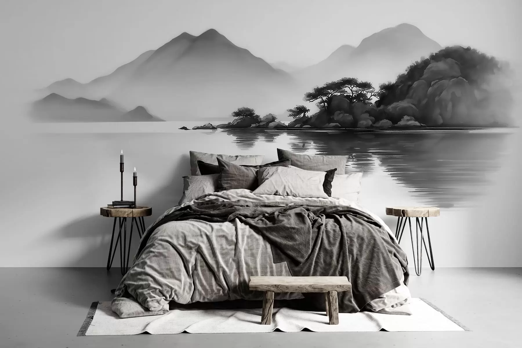 Carta da parati nature Paesaggio in bianco e nero con montagne e un lago avvolti da una leggera nebbia 