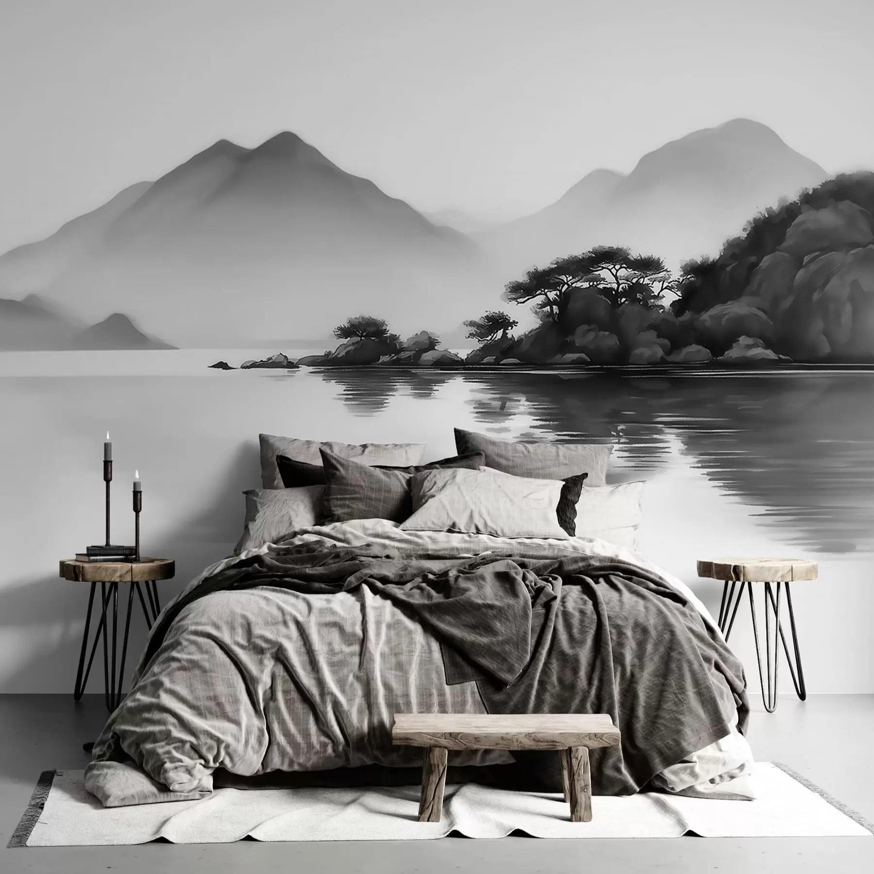 Carta da parati nature Paesaggio in bianco e nero con montagne e un lago avvolti da una leggera nebbia 