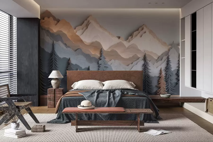 Carta da parati nature Paesaggio naturale con pini e montagne in stile intaglio del legno 