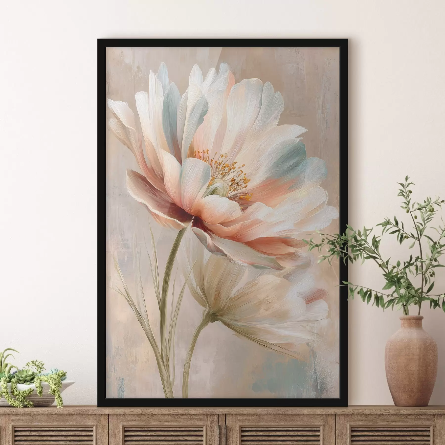 carta da parati Delicate peonie in una palette di colori beige e corallo, in stile pittura a olio nr. f48184