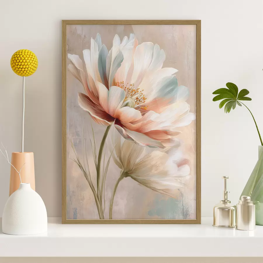 carta da parati Delicate peonie in una palette di colori beige e corallo, in stile pittura a olio nr. f48184